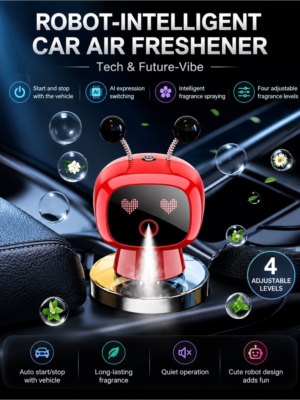 Smart Robot Car Air Freshener Diffuser AI Expressions 4 Adjustable Scent Levels
